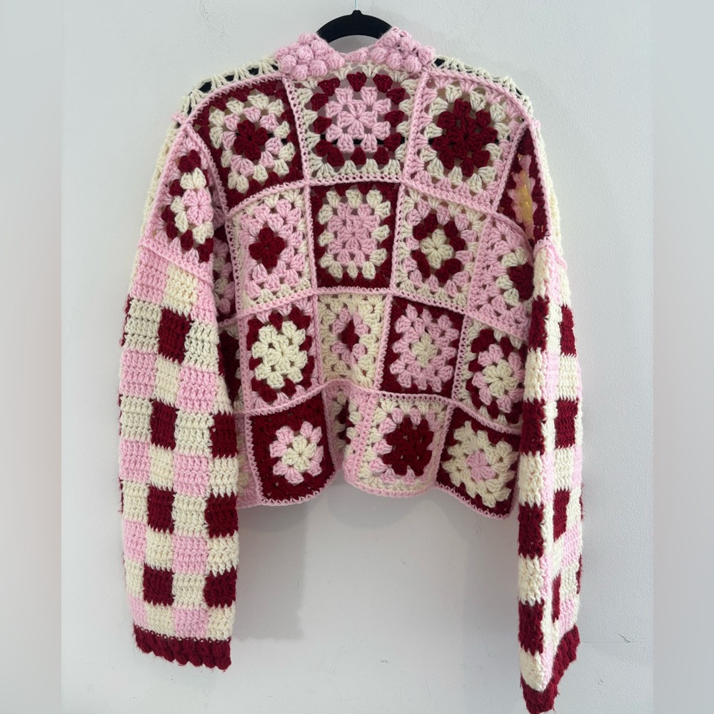 Handmade Crochet Strawberry Picnic Cardigan Checkerboard Pattern - Picture 5 of 12